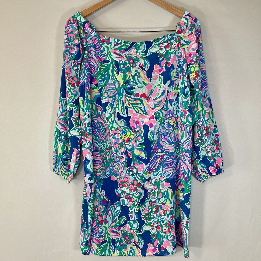 Lilly Pulitzer Adira Silk Off Shoulder Mini Dress Indigo Pink Green Floral Sz M